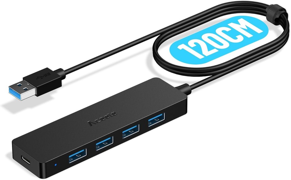 Aceele 4-Port USB 3.0 Hub with 4ft Extension Cable 4A Power Adapter Black 3-120cm