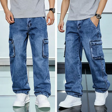 Mens Cargo Jeans Mid Rise Baggy Hip Hop Jeans Outdoor Work Utility Denim Pants