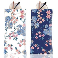 2Pcs Sunglass Eyeglass Glasses Case Soft PU Leather Blue and White Flower a