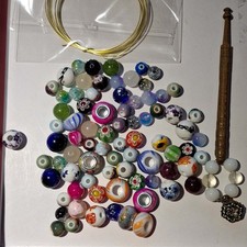 Antique wooden Lace Making Bobbin & wire with over 70  beads for spangles C