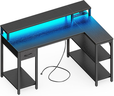 47 Inch L Shaped Gaming Desk with LED Lights & Power Outlets, Reversible Compute