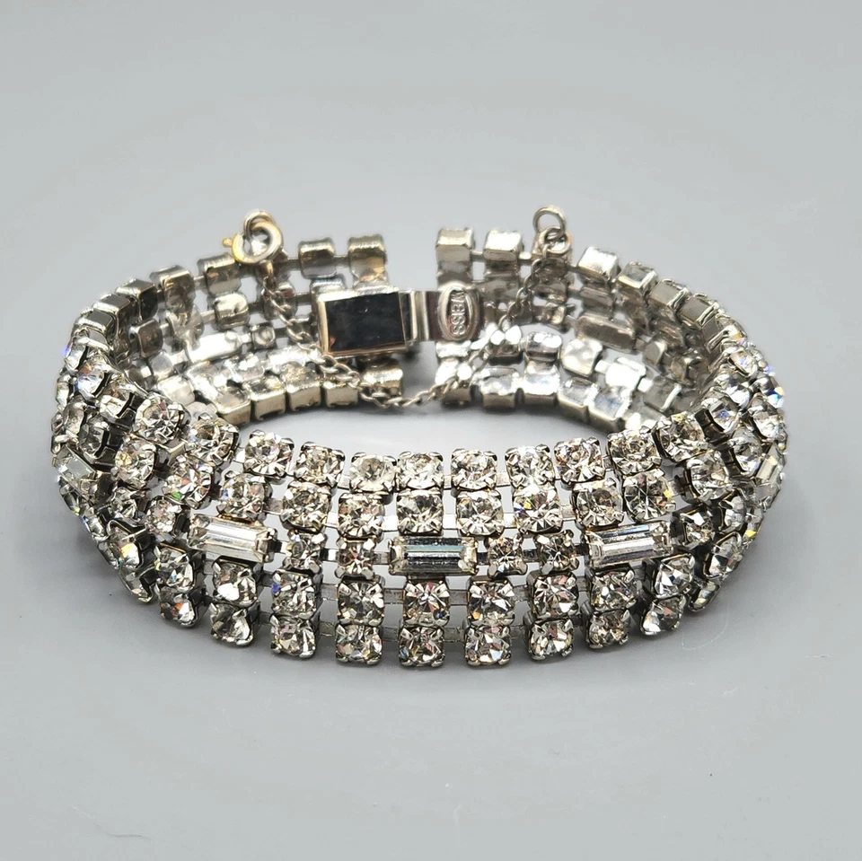 Brazalete Vintage Blanco Firmado 5 Filas Transparente Baguette Estrás Placa Rodio 7" Foto 2 de 4