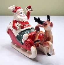 Vtg KREISS Santa Candy Cane Sleigh & Reindeer Figurine Japan 1950s *Damage