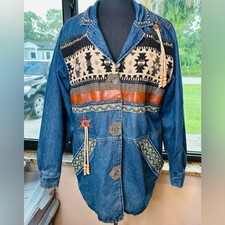 220 Hickory Vintage Southwestern Cotton Blue Denim Aztec Jacket Size Large