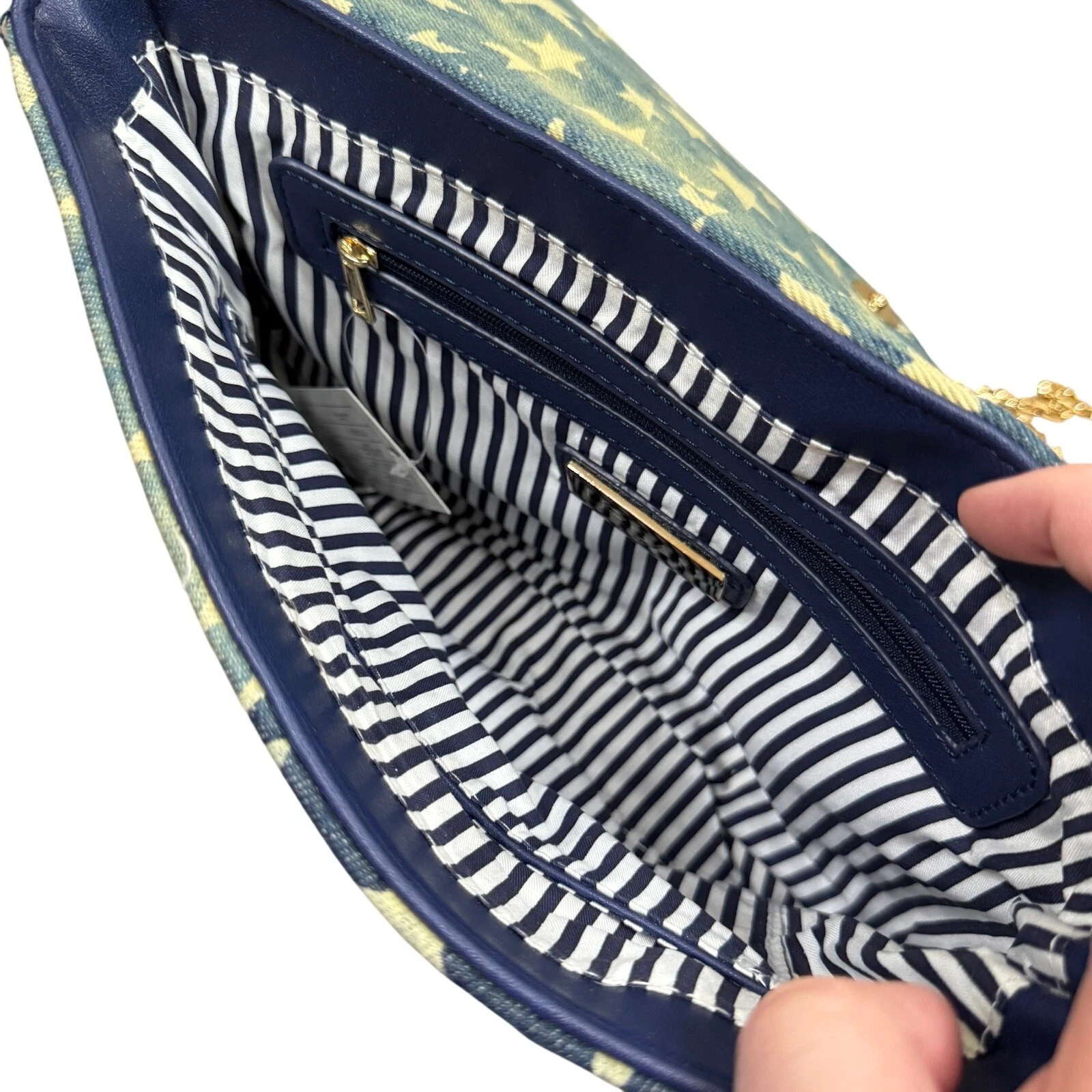 Borsa a tracolla Urban Expressions blu mercurio denim stampa stelle pochette catena nuova con etichetta