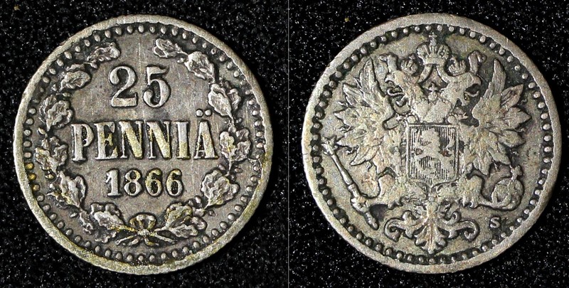 Finland Alexander II Silver 1866 S 25 Penniä VF Toned Scarce KM# 6.1 (28 806)