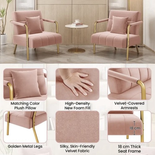 1pc Accent Chair 75.5cm Velvet Upholstered Bedroom Gold Metal Frame Cosy Pillow - Picture 4 of 5