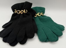 2 Pair Ladies Knit Winter Gloves With Gold Tone Bracelet Green And Black