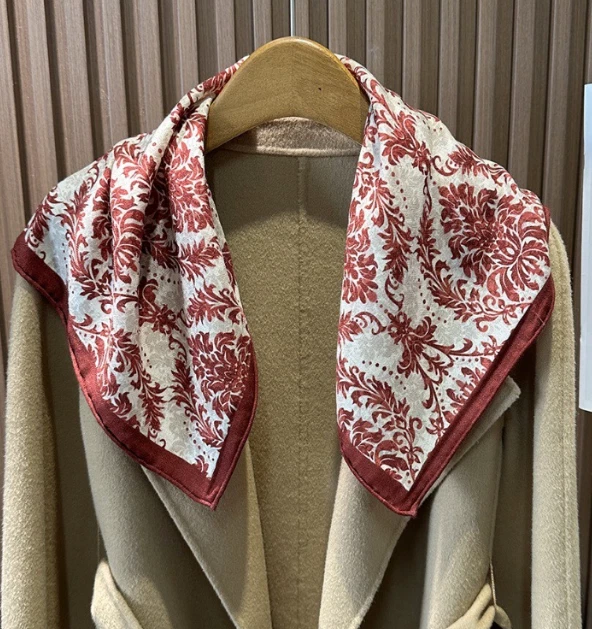 70%Cashmere 30% Silk Scarf 26'' Neckerchief Red cluster Print Bandana Shawl Wrap