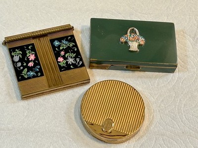 Vintage Compact Lot:  Volupte Floral, Green Enamel Musical Compact & Coty