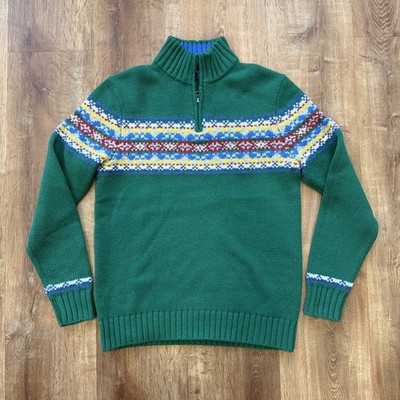 Boden Fair Isle Sweater Jumper Mens M 1/4 Zip Green Wool Blend Thick Festive