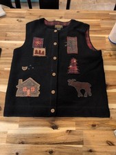 Woolrich Vtg M Moose Embroidered Vest Black Wool Patchwork Cabin Holiday