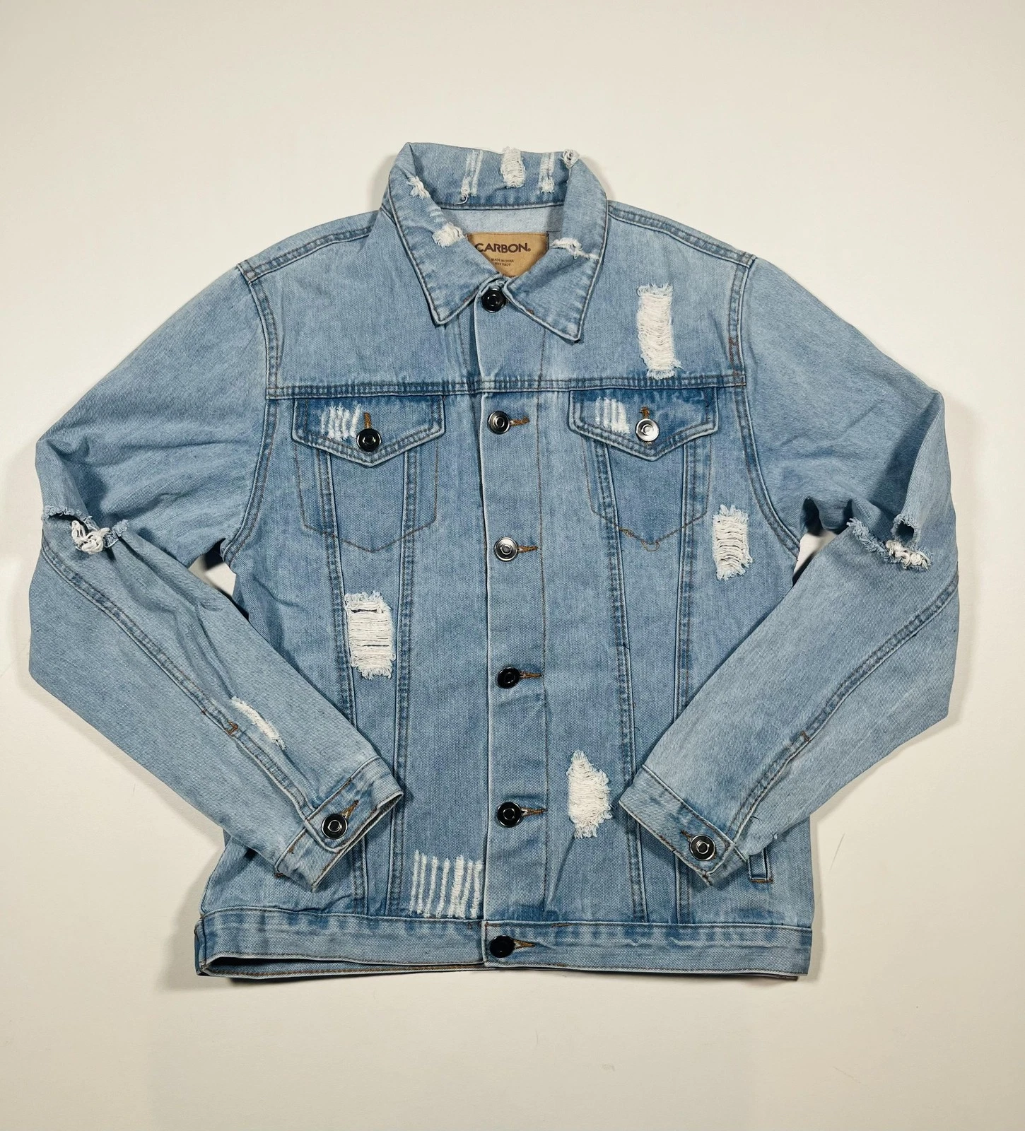 Carbon Denim Jean Jacket Medium Light Wash Blue Distressed Ripped Trucker
Opens in a new window or t