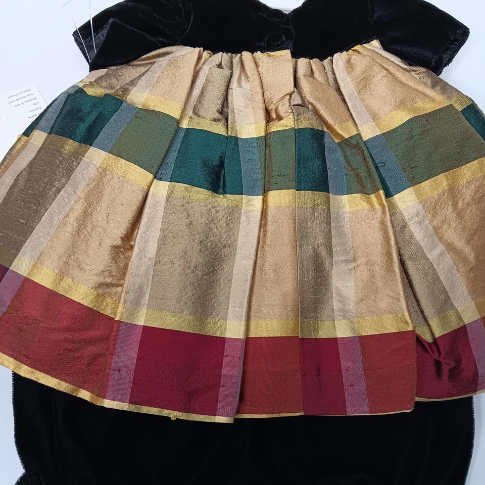 Vestido Sara Lene Bebé 3 Meses Seda Cuadros Dorado Terciopelo Navidad Vacaciones De Colección Nuevo de Lote Antiguo Foto 4 de 4