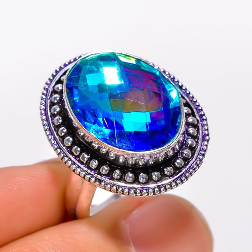 Mystic Quartz Gemstone Vintage Handmade .925 Silver Plated Ring 7.75 US GSR1505