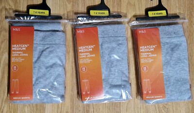 3 x M&S Jungen GRAU Heatgen THERMO lange Unterhosen/Unterhosenschicht MITTLERE WÄRME Alter 7-8 Jahre