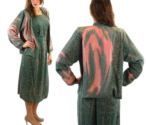1980s skirt and jacket hand painted silk green pink three piece set Artacious