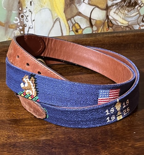 Smathers Branson Oakmont Needlepoint Belt Flag Squirrel Leather OCC 2003 2021 42 - Picture 2 of 18
