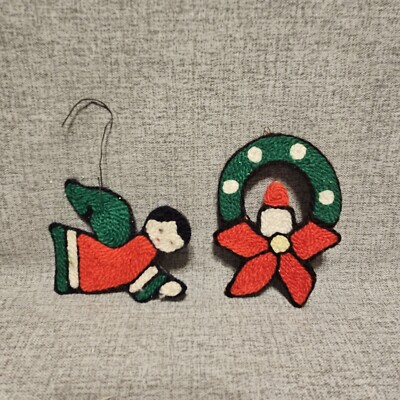 Vintage Handmade Double Sided String Art Christmas Ornaments Holly Wreath Angel