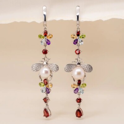 Natural Freshwater Pearl Multi Color Gemstone 925 Silver Honeybee Drop Earrings