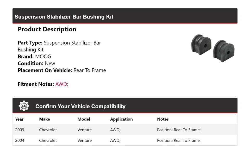 Kit de buje de barra estabilizadora de suspensión MOOG para Chevrolet Venture 2003-2004 Foto 2 de 3