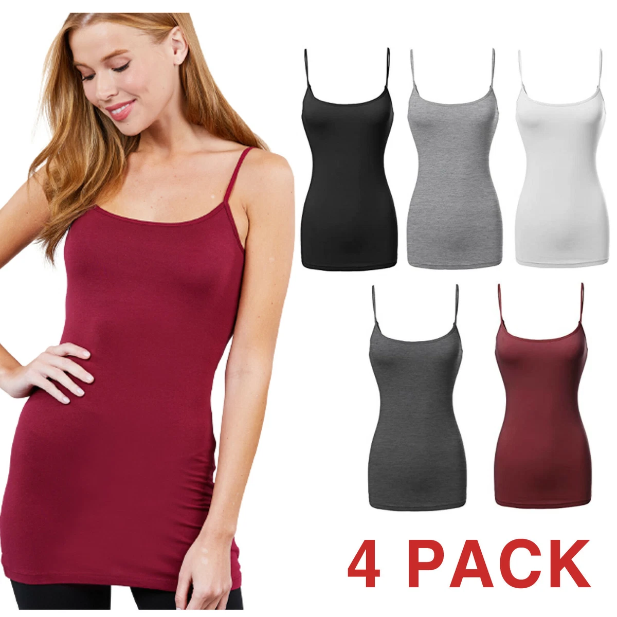 4 PACK] Women's Long Cami Tank Tops Fit Basic Camisole Top W/ Straps PLUS  SIZES