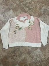 Women Sz S Collared Chunky Knit Sweater Cottage Core Flowers Floral Vintage