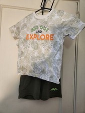 youth boys 2 piece shorts, t shirt set green explore/dino logo sz 5 by 365 kids