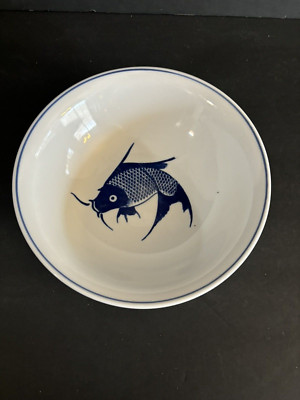 Cobalt Blue Koi Fish Serving Bowl Hand Painted Chinese Porcelain 8''