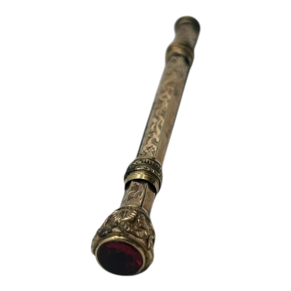 Antigua hoja de oro pluma de inmersión y lápiz propulsor combo piedra roja joya coleccionista Foto 2 de 4