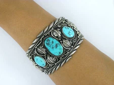 Vintage Navajo Sterling Silver Annie Chapo Large Turquoise Cuff Bracelet