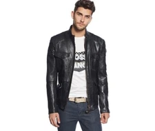 Men Biker Genuine Lambskin Black Slim Fit Leather Bomber Jacket XS-2XL FB140