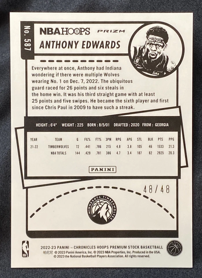 2022-23 Chronicles Hoops #587 ANTHONY EDWARDS 48/48 Asia Red Scope PRIZM BOOKEND - Image 3 of 4