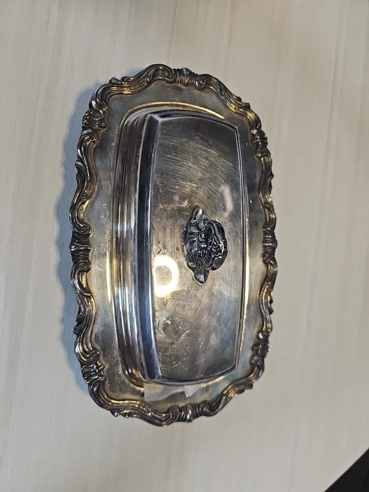 Plato de mantequilla vintage FB Rogers plateado, 8x5x3, con inserto de vidrio 1959X Foto 2 de 4