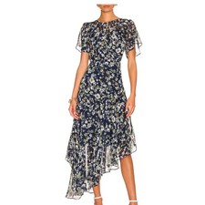 ASTR the Label Flutter Sleeve Maxi Dress Blue Green Floral High Low Small