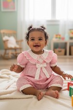 Vintage Baby Girls Romper Pink Polka Dot Ruffle Sailor Collar Bow 6-9 months