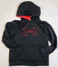 Under Armour Hooded Sweatshirt Black Red Logo Youth Medium Soft
