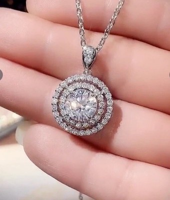 2Ct Round Lab Created Diamond Double Halo Pendant Necklace 14K White Gold Plated