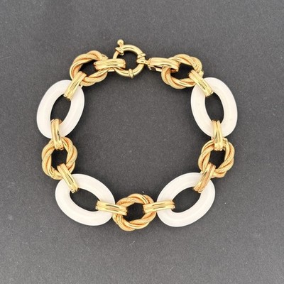 Geflochtenes Seil-Gliederarmband aus weißer Keramik & 14 Karat Gold