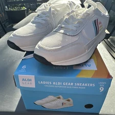 ALDI Gear 2025 Ladies White Cream Sneakers Shoe Size 9 Multicolor Logo NEW