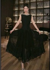 Women Fashion Elegant Long Dress Summer Round Neck Sleeveless Bead Mesh A-line