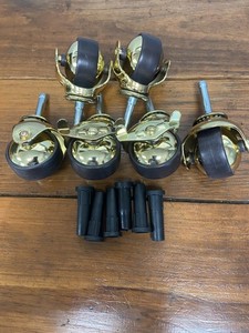 Set of 6 Brass Bed Frame casters (wheels, rollers) with insert sockets