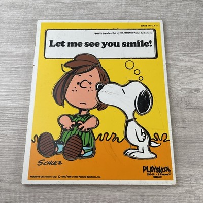VTG Peanuts Snoopy Wooden Jigsaw Puzzle Playskool 1966 USA Let Me See You Smile!