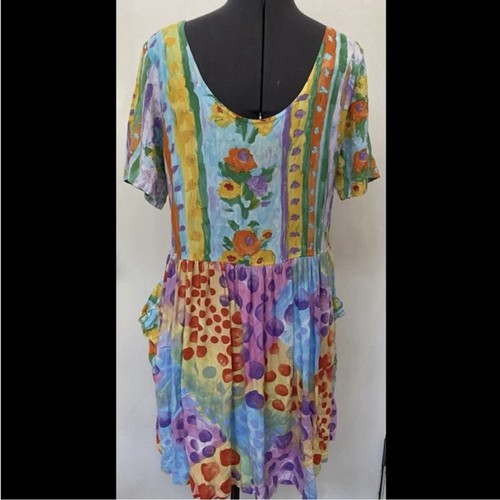 VINTAGE 1980s JAMS WORLD LIGHTWEIGHT RAYON HATTIE DRESS POLKA DOT AQUA POCKETS L - Picture 4 of 6