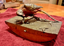 Antique Bronze Rocking Ink Blotter, cold-painted Scarlet Macaw