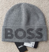 Genuine HUGO BOSS Grey 10% Wool Logo BEANIE Hat 50475939