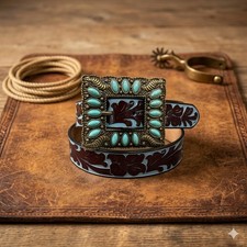 Western Cowgirl Belt With Turquoise Stone Buckle Size Small