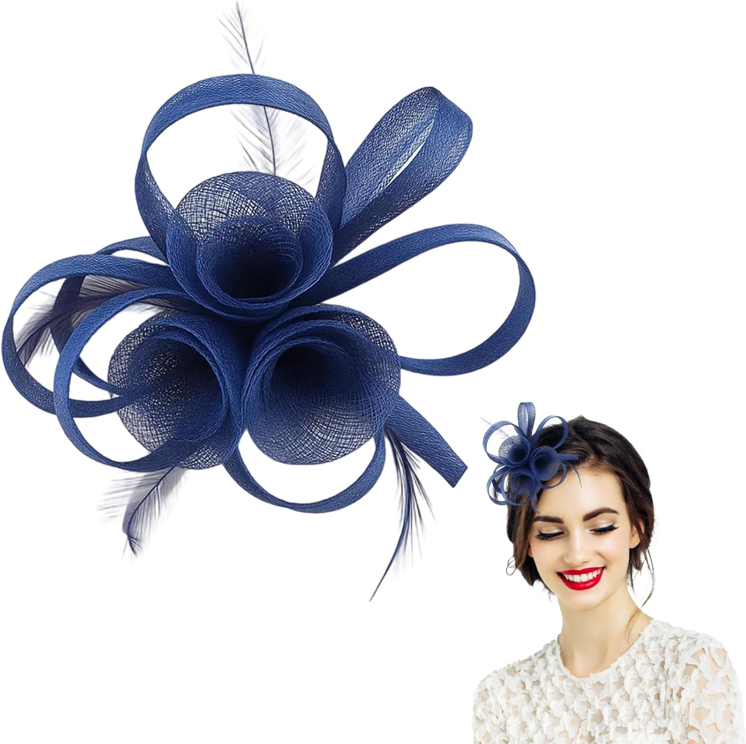 Navy Fascinator Elegant Blue Fascinators Clip Weddings Mesh Ribbon and Feathers