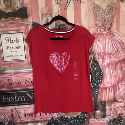 Nautica Jeans Women s Red Solid Sequin Heart Round Neck T-Shirt S Pullover