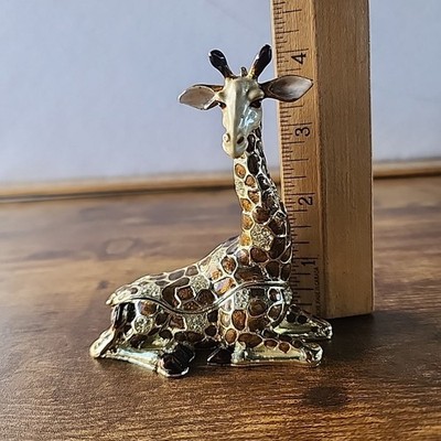 Bejeweled Enamel Metal Giraffe Jewelry Box Gold Tone Rhinestones Hinged Closure